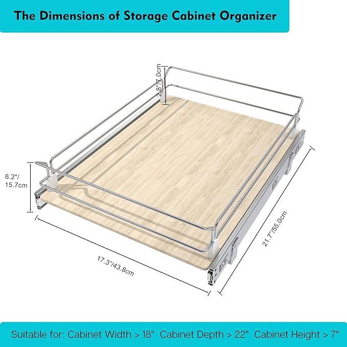 Pull Out Cabinet Organizer 18" W X 22" D, Slide Out Drawers For Kitchen Organizers and Storage, Pull Out Drawers For Cabinets Capacity Heavy Duty Caddy, Cabinet Shelves Wood Chrome, Pantry Storage