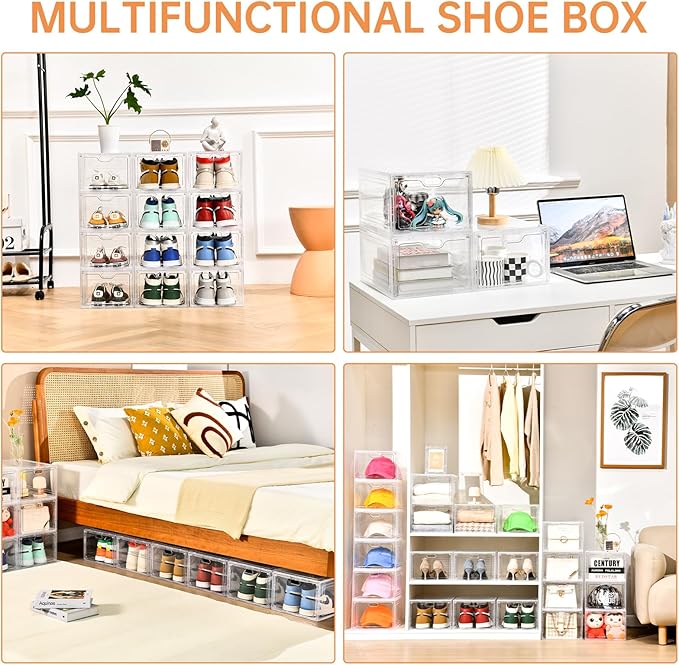 INSTY 6 Pack Large Shoe Storage Box, Clear Shoe Storage Organizer with Magnetic Door, Stackable,Shoe Containers For Display Sneakers, Easy Assembly, Fit up to US Size 12, Clear