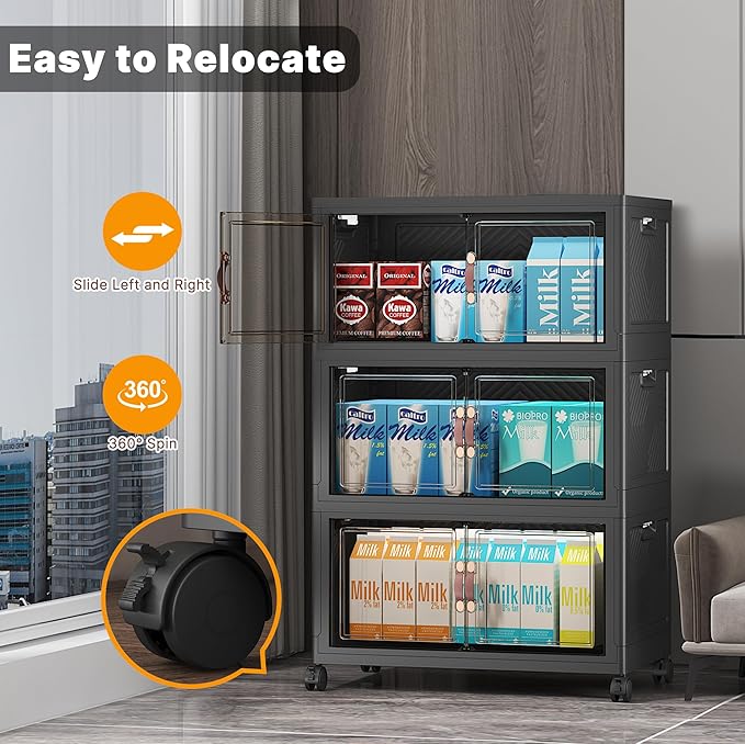 Extra Large Stackable Storage Bins with Lids & Wheels & Door,Foldable Collapsible Closet Organizers, Plastic containers drawers for bedroom Dorm (Dark-55qt, 6Pack with 2 top lids)