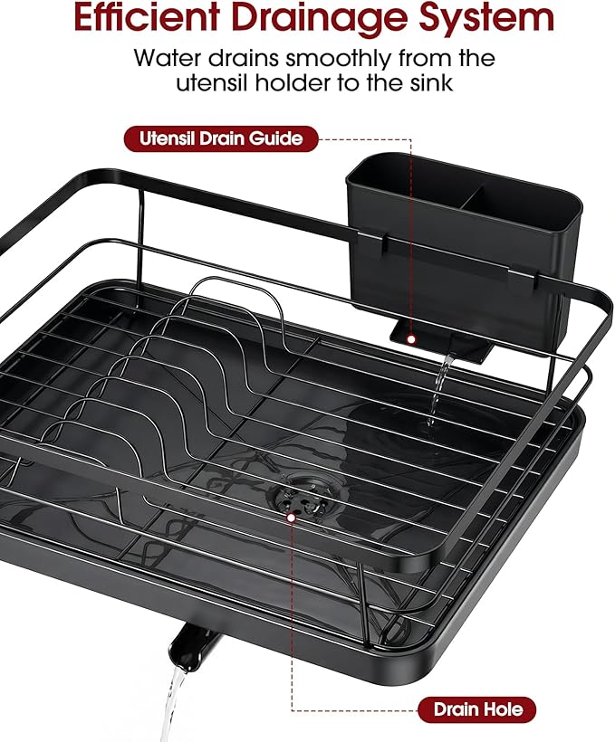 Stainless Steel Dish Drying Rack for Kitchen Counter, Sink Organization and Storage Essentials with Silverware & Utensil Holder, Home and Apartment Decor, 12''W x 15.5''L, Black