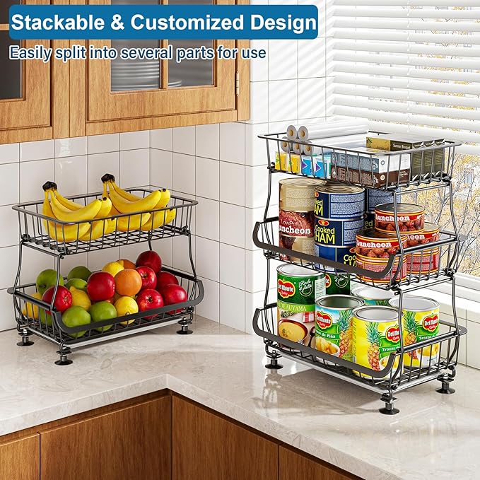 3-Tier Rolling Pantry Floor Organizer and Storage Cart with Wheels, Stackable Wire Pantry Baskets for Pantry Shelves, Kitchen Fruit Basket Stand and Storage Rack for Fruit Snack Onion Potato