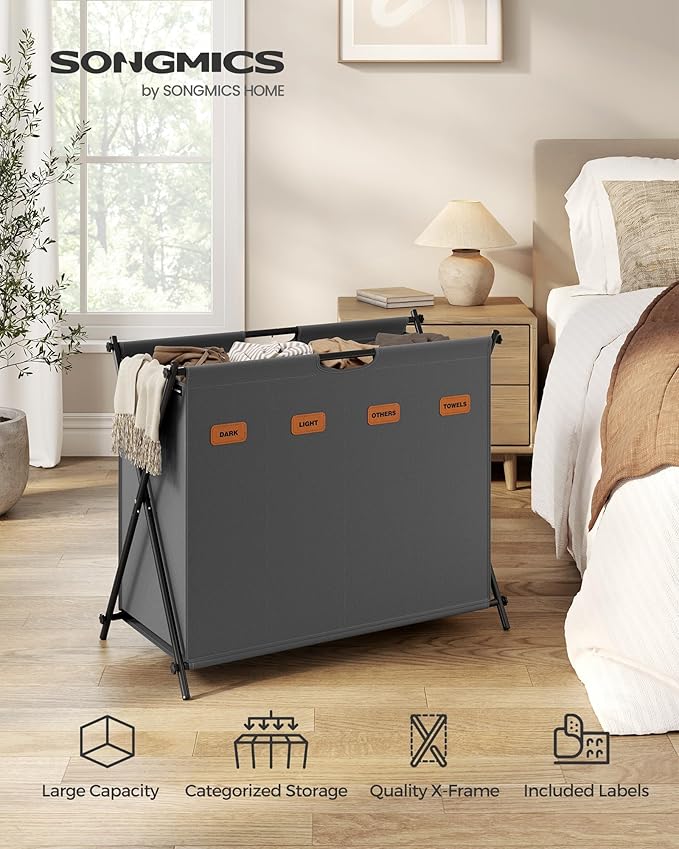 SONGMICS Laundry Hamper, Laundry Basket, 40.9 Gal. Laundry Sorter 4 Sections, Collapsible X-Frame, Clothes Organizer with Customizable Labels, Laundry Room, Bedroom, Bathroom, Slate Gray ULCB140G01