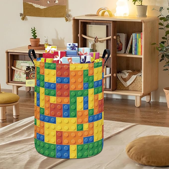 HUNRUNG Laundry Hamper,Large Canvas Fabric Lightweight Storage Basket Toy Organizer Dirty Clothes Collapsible Waterproof for College Dorms（Round-Colorful Blocks）