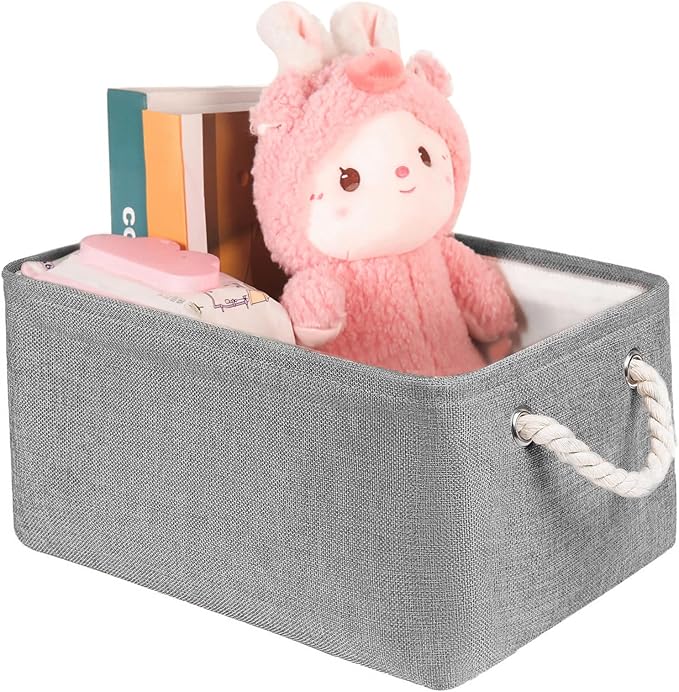 Storage Bins with Sturdy Cotton Handles(1 Pack), Fabric Storage Baskets for Organizing use for Office & Home, Book, Clothes, Toys, Closet Boxes (Medium, Grey, 14.2x10.2x7.1 inches)