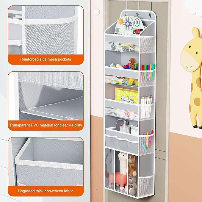 OneDream Over the Door Organizer for Nursery, 5-Tier Baby Clothes Organizer with Removable Storage Caddy, Hanging Behind Door Storage with Clear Pockets and Side Mesh Compartments, Grey