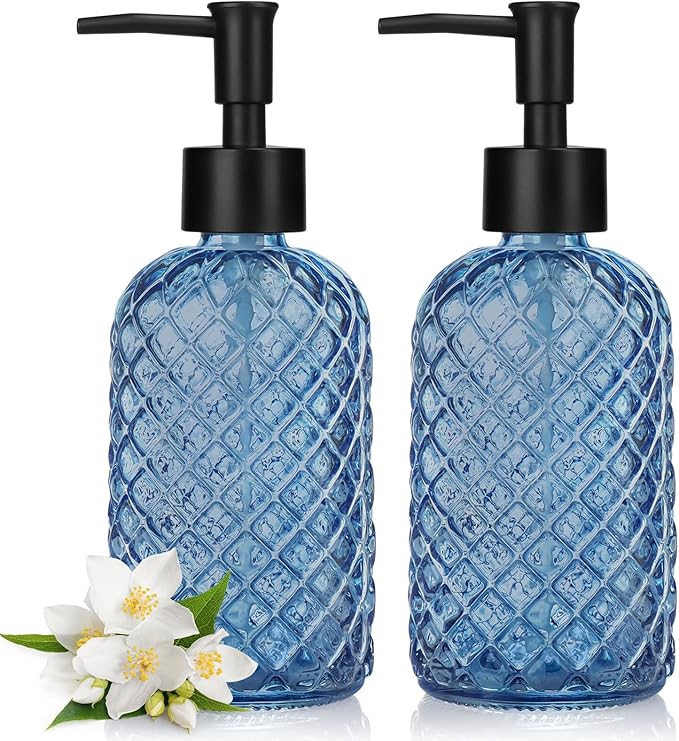 2 Pack Gem Glass Soap Dispenser with Black Plastic Pump, 13oz Liquid Hand Soap Dispenser, Rustproof Pump for Kitchen & Bathroom, Great for Lotions, Essential Oil, Liquid Soaps-Blue