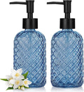 2 Pack Gem Glass Soap Dispenser with Black Plastic Pump, 13oz Liquid Hand Soap Dispenser, Rustproof Pump for Kitchen & Bathroom, Great for Lotions, Essential Oil, Liquid Soaps-Blue