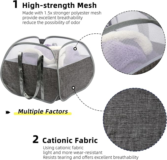 Collapsible Laundry Basket, 90L Foldable Pop-up Laundry Hamper with Reinforced Handles, Tear Proof Mesh Dirty Clothes Hamper for Laundry (Gray, 2PCS)