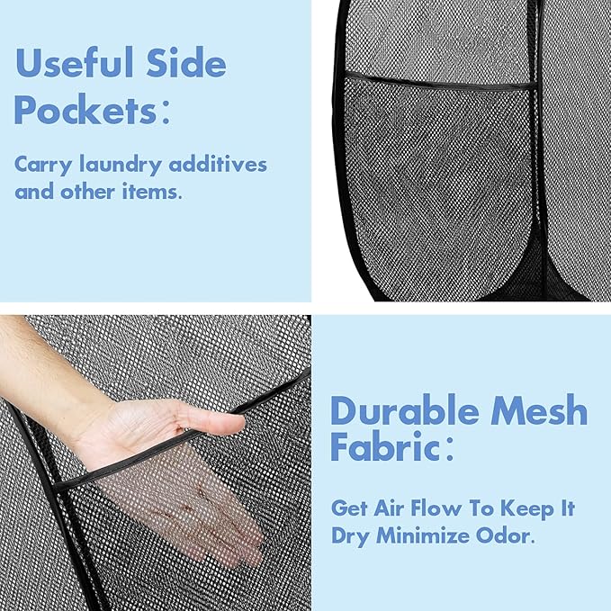 DUCOO Pop Up Hamper, 1 PCS Mesh Pop Up Laundry Hamper, Foldable Mesh Laundry Basket with Space-Saving Design for Home, Dorm, Travel & Storage - Black
