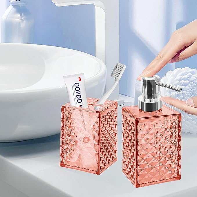 2PCS Light Pink Bathroom Accessories. Contain Soap Dispenser and Toothbrush Holder Set. Boho Bathroom Set for Blue Bathroom Décor