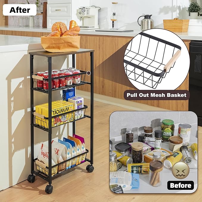 Narrow Rolling Cart with Wheels, 4-Tier Slim Metal Storage Cart with Pull-Out Baskets, 7.87 Inch Width Small Laundry Room Organizer Cart, Space-Saving for Kitchen, Bathroom