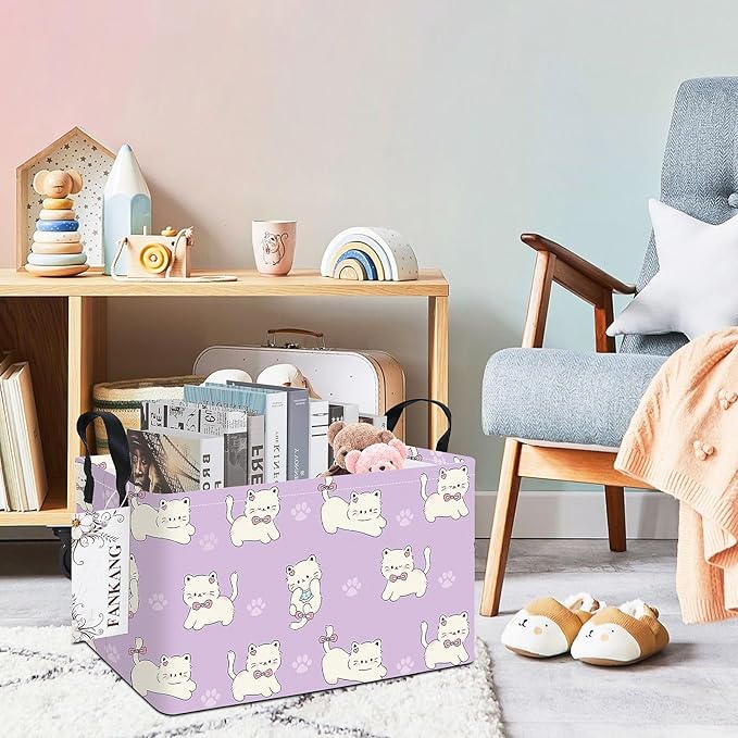 FANKANG Storage Bins,Nursery Hamper Canvas Laundry Basket Foldable with Waterproof PE Coating Storage Baskets for Boys and Girls, Office, Bedroom, Clothes,Toys(Rec-Cat ）