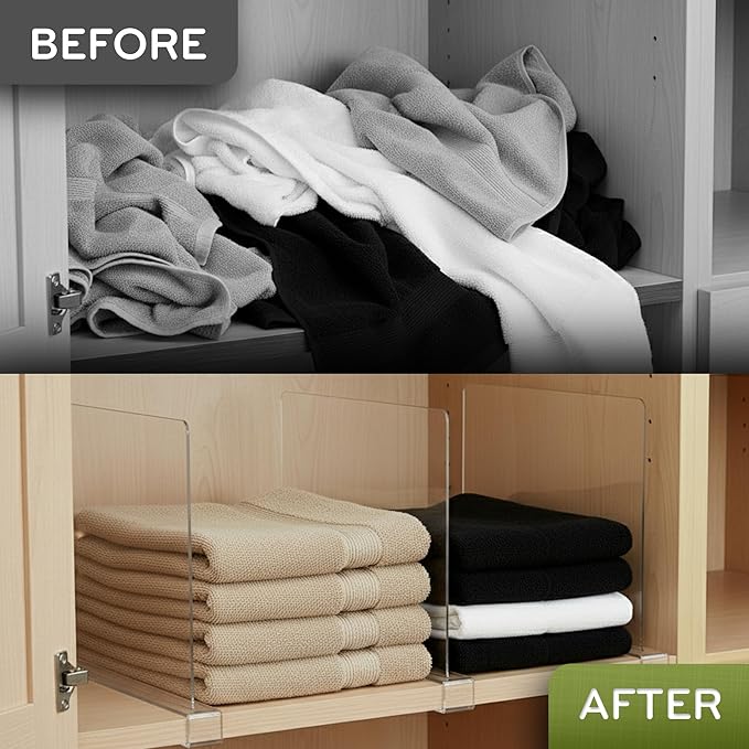 Acrylic Shelf Dividers for Closet Organization, 4-Pack Premium Quality Reinforced Material Closet Organizers and Storage, Perfect for Purse, Sweaters, Towels, Shoes, and Books Organization