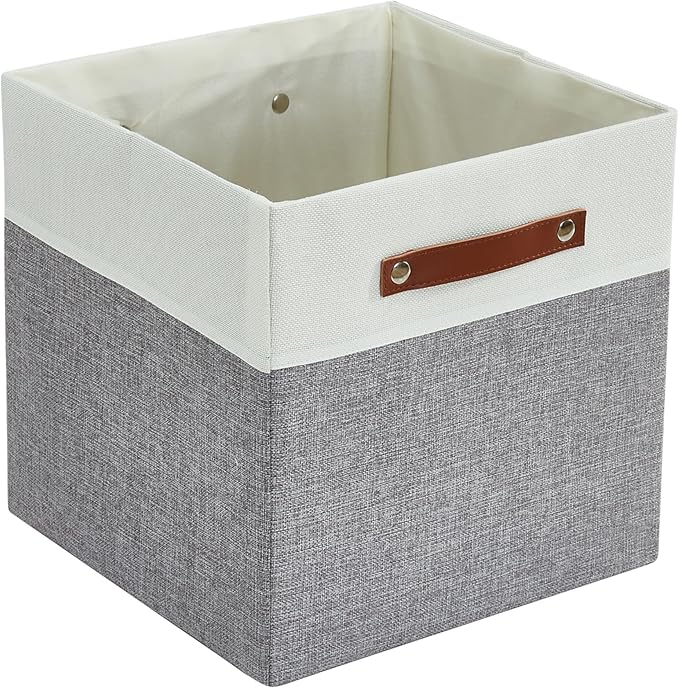DECOMOMO Storage Basket with Lid, Storage Cubes with Handles, Fabric Box with Lid (Grey and White, 13” / 3 Pack)