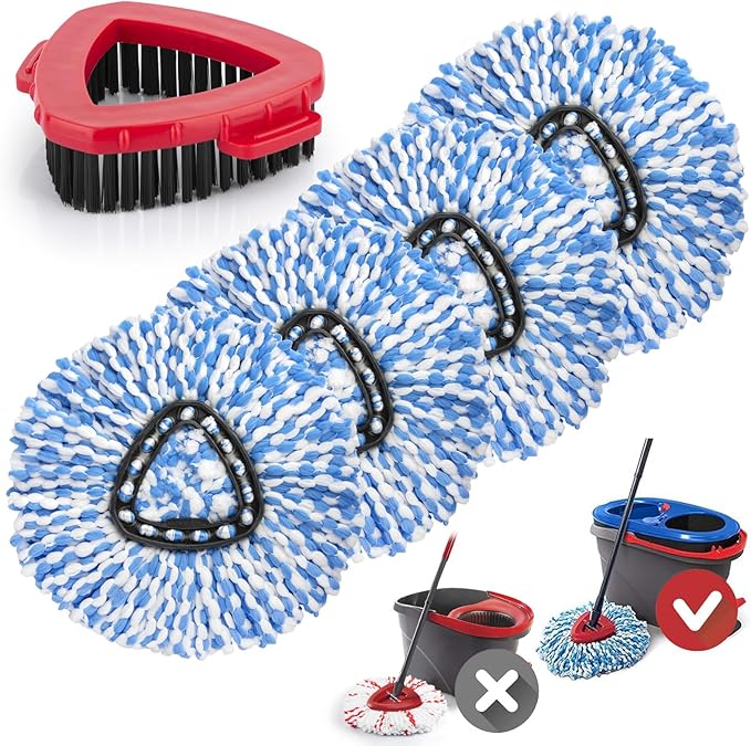 Spin Mop Replacement Heads for O Cedar RinseClean 2-Tank System, 4 Pack Microfiber Mop Refill Heads, Include 4 Mop Heads and 1 Mop Brush