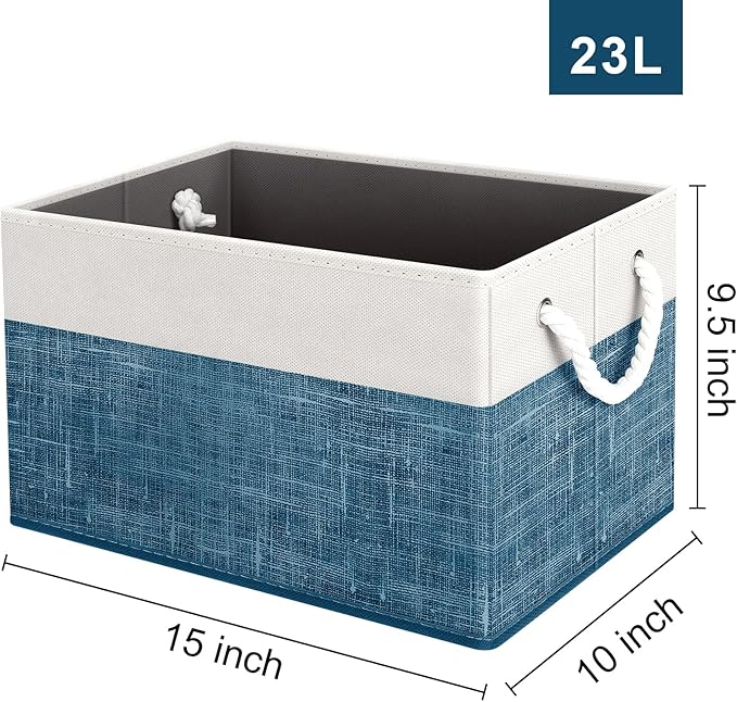 Fab totes Storage Bins [8-Pack], Foldable Storage Baskets for Organizing Toys, Books, Shelves, Closet, Large Storage Box with Rope Handles, Sturdy Organizer Bins, White & Blue
