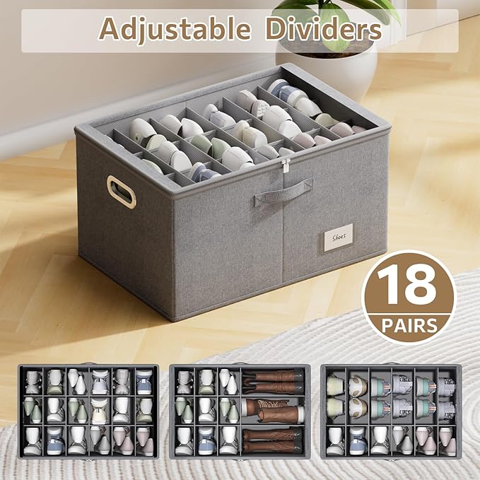 Shoe Organizer for Closet, Shoe Box Storage Containers Fit 18 Pairs Foldable Shoe Storage Bins with Clear Cover & Adjustable Dividers for Shoes Blankets Linen Clothing (Grey, (24.4*16.5*12.9)x1)
