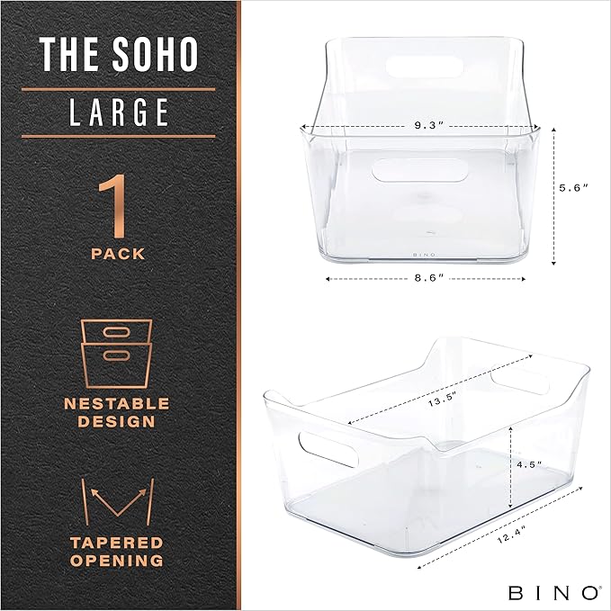 BINO Plastic Storage Basket, Large | Multi-Use Storage Basket | Rectangular Cabinet Organizer | Baskets for Organizing with Handles | Home & Office Organization & Container Storage