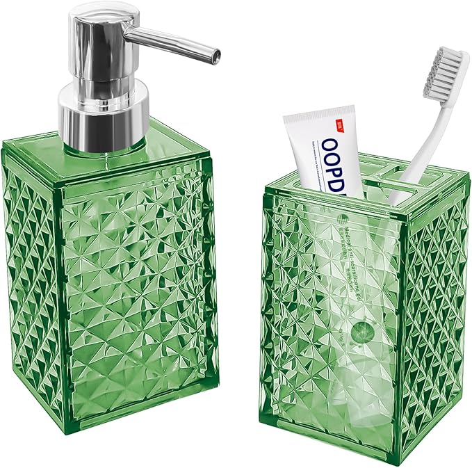 2PCS Green Bathroom Accessories. Contain Soap Dispenser and Toothbrush Holder Set. Boho Bathroom Set for Blue Bathroom Décor