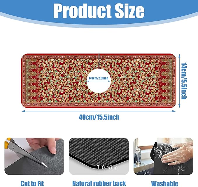 Sink Splash Guard Faucet Mat Red Retro Boho Flowers Absorbent Fast Drying Mat Sink Gadgets Splash Guard Behind Faucet Drip Catcher for Kitchen Bathroom 15.5"X5.5"