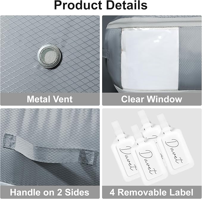 Comforter Storage Bag - Large Capacity Blanket Storage Bags 3-Layer Ultra Space Saving Self Compression Organizer, Washable Compression Bags for Storage Comforter Blanket, 4-Pack, Grey