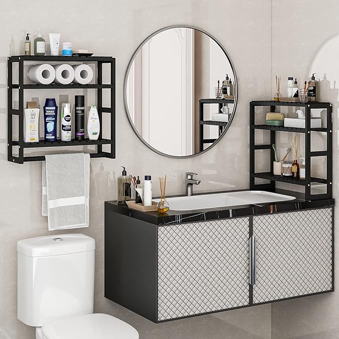 Over The Toilet Storage Bathroom Shelves Wall Mounted 3 Tier Space Saver Corner Shelf Organizer Bamboo Towel Rack Toilet Paper Cabinet with Hanging Rod Black Sets