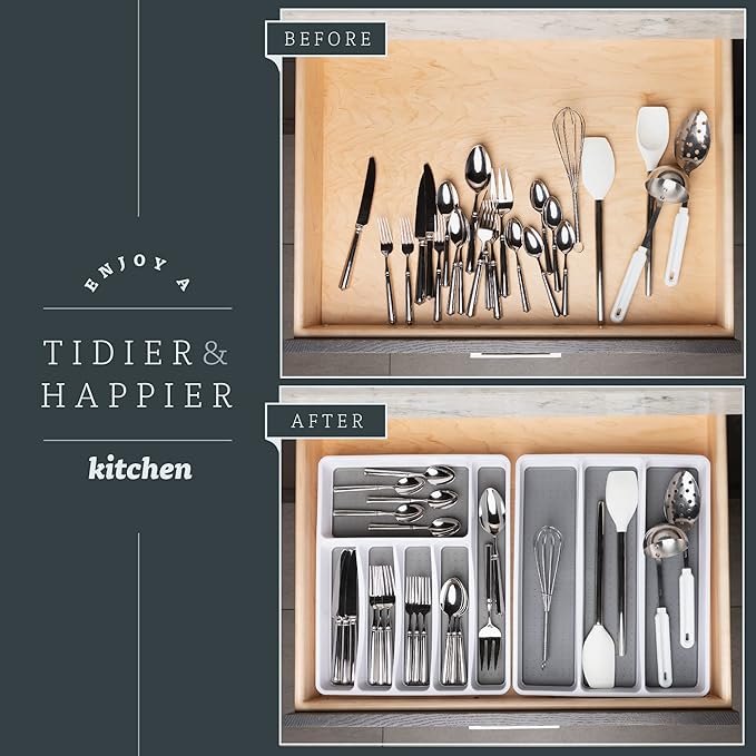 Masirs No-Slip Silverware Tray Organizer, Accommodates Different Kitchen Utensil and Cutlery Sizes, Deep Enough to Fit Entire Drawer, (2-PIECE | 9-SECTIONS)