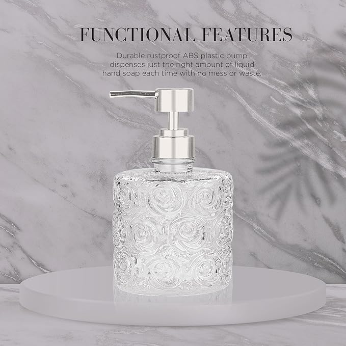 Marcella Glass Soap Dispenser with Soap Pump, Refillable 14 Ounce Capacity, Floral Design Rose Patterns, Heavy Weight Thick Glass for Bathroom, Premium Kitchen Soap Dispenser Clear