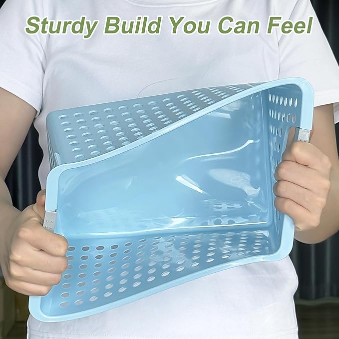 Soddeph 4 Pack Plastic Storage Basket with Handles, Small Deep Organizer Bin with Hollow Design for Under Counter, Shelf, Closet, Kitchen or Bathroom (Blue, Small)