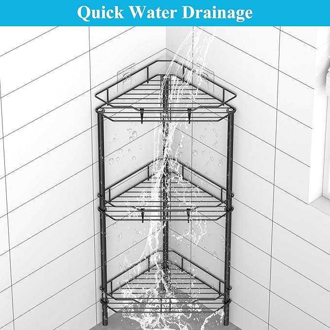 3 Tier Floor Standing Corner Shower Caddy Organizer Shelf with Hooks, Bathroom Shelves Stand Rack, Black