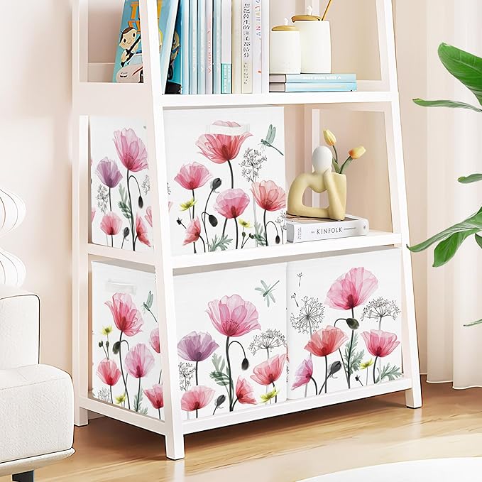 Clastyle Flowers Storage Cube Organizer Set Handle Closet Clothes Cube with Metal Frame Foldable Parents Organizer Storage Basket for Book Toy,Red Poppy,11.8x11.8x11.8 in