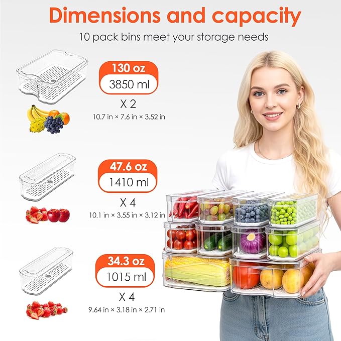 Fridge Organizers and Storage, 10 Pack Clear Freezer Organizer Bins with Lids for Kitchen, Pantry, Refrigerator, Food, Fruit, Vegetable Storage