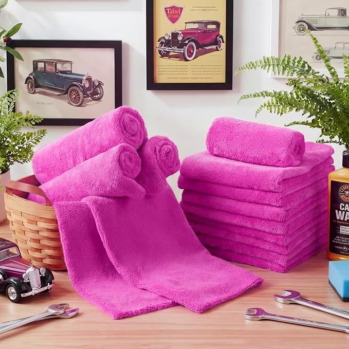 Shimeyao 30 Pcs 16 x 16 Inch Edgeless Microfiber Plush Towels for Cars Detailing Drying Wash Polishing Absorbent Cleaning Cloths, 500 GSM (Fuchsia, 30 Pcs)