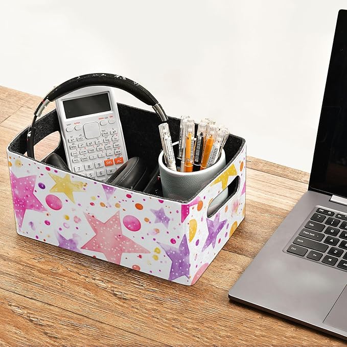 Watercolor Stars and Dots Closet Storage Bins 2 Pcs Felt Open Home Storage Containers Organizer with Handles Collapsible Shelf Basket for Home Office Craft Room Classroom Fabric