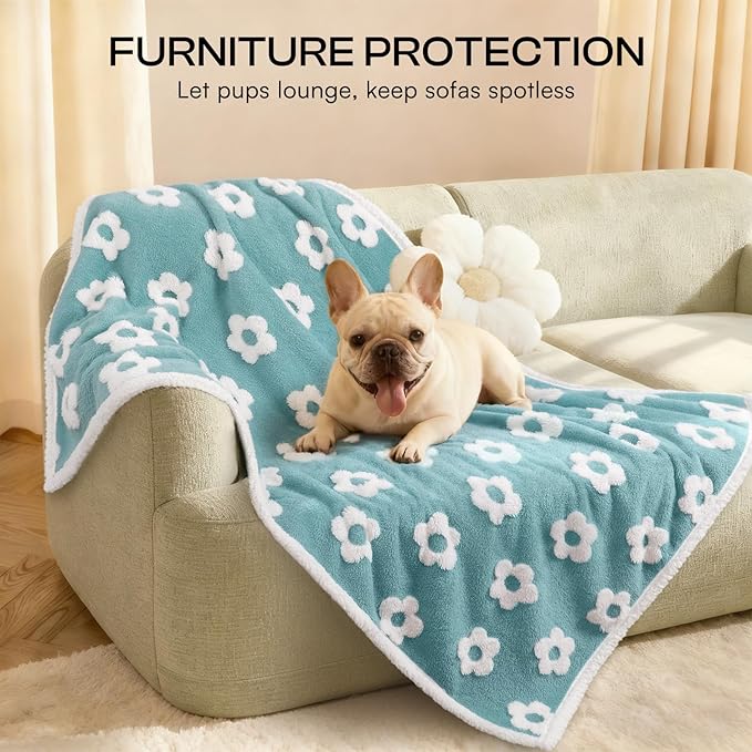 Luciphia Waterproof Pet Blanket for Medium Large Dogs Washable Fluffy Thick Jacquard Shag Fleece Warm Sherpa 3D Textured Flower Print for Cats Puppy Couch Protection (Blue,57x40 inches)