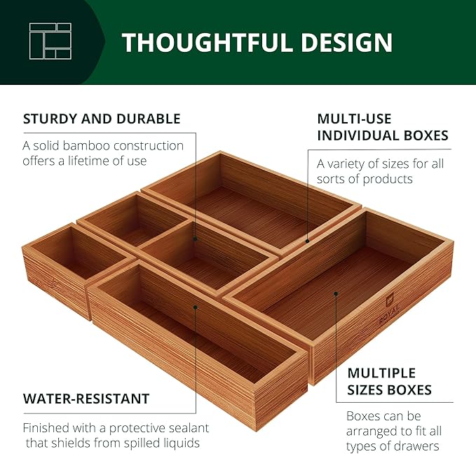 ROYAL CRAFT WOOD Premium Carbonized Bamboo Decorative Boxes - Drawer Organizer Set (5-Piece) – Wood Storage Boxes for Kitchen, Bathroom, Office & Makeup
