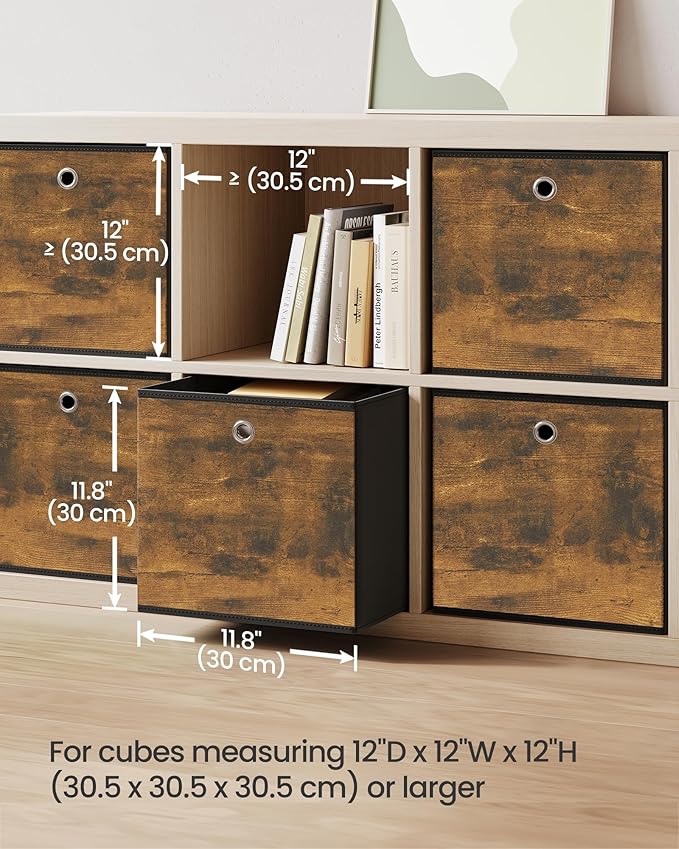 SONGMICS Storage Cubes, Set of 6 Storage Bins with Handles, Foldable Oxford Fabric and Non-Woven Fabric Storage Boxes, 11.8 x 11.8 x 11.8 Inches, Rustic Brown and Black URFB102B01