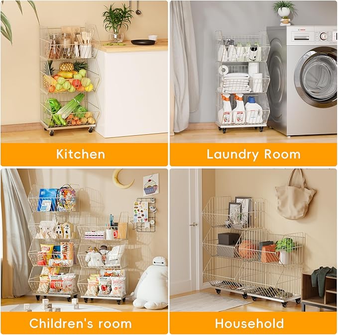 Standing Shelf Units, Wire Storage Basket with Wheels, Detachable and Foldable and Stackable to Save Space, Weight Capacity and Durable Racks/Organizer, for Kitchen Garage Closet (1 Tier) (1 Tier)