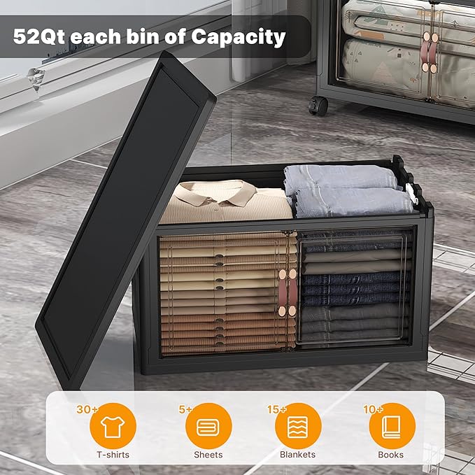 Extra Large Stackable Storage Bins with Lids & Wheels & Door, 260QT-52QT/13GAL*5Pack Foldable Collapsible Closet Organizers, Plastic containers drawers for bedroom Dorm