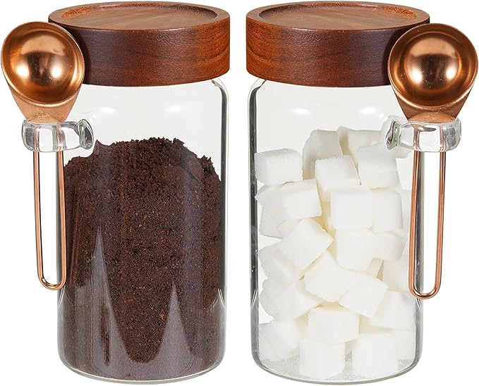 Patoper Glass Coffee Jars Spice Jar Round Storage Canister with Wooden Lid Clear Glass Food Jar for Pantry Sugar Tea Coffee Bean Spice Nuts Cookies Bath Salts (2×550ml(18oz) with spoon)