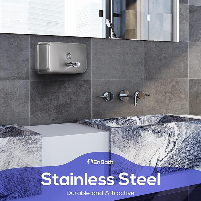 Commercial Soap Dispenser Wall Mount – Horizontal Stainless Steel Wall Mounted Soap Dispenser for Bathroom - New Superior Design with Anti-Leak Pump and Corrosion-Proof Lining- 37oz (1100ml) by EnBath
