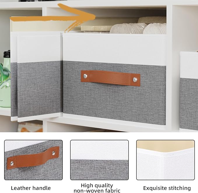 Fabric Clothing Storage Boxes, Storage Baskets with Handles, Cube Organizer Bins for Bedroom Laundry,13 × 9.1 × 5.5 Inch, White and Grey, 2-Pack