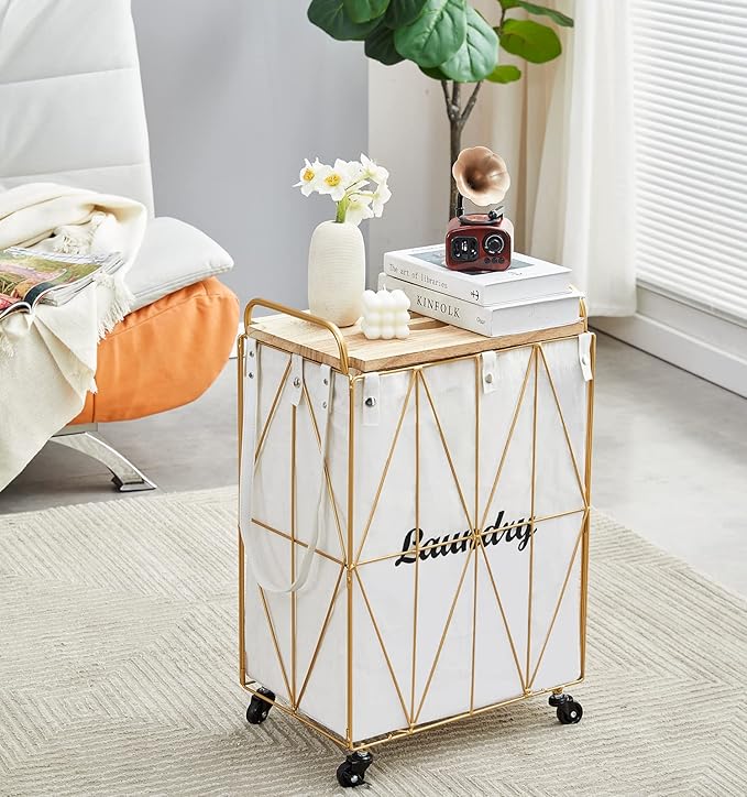 Mxfurhawa Iron Wire Laundry Hamper With Rolling Lockable Wheels, FoldinLaundry Storage Basket with Handles,Detachable Liner Collapsible Dirty Laundry Cart Sorter Clothes Basket Organizer (81-Gold)