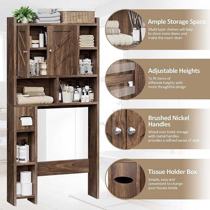 Meilocar Over The Toilet Storage Cabinet, Freestanding Storage Cabinet Over Toilet, Bathroom Storages Organizer Cabinets with Toilet Paper Holder Stand and Adjustable Shelf, Walnut