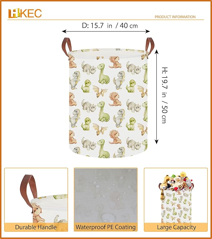 19.7" Laundry Basket,Dirty Clothes Hamper,Waterproof Storage Bin,Room Decor,Gift Baskets,Nursery Hamper(Watercolor Dinosaur)