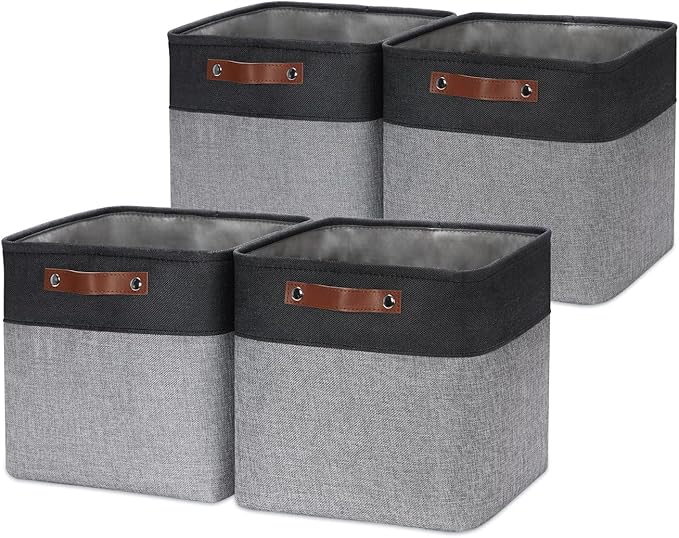 HNZIGE Decorative Storage Basket(4 Pack) Linen Cube Storage Baskets for Organizing Toys,Books,Towels,Blankets,12x12 Baskets for Storage Clothes with Handles(Black&Grey)