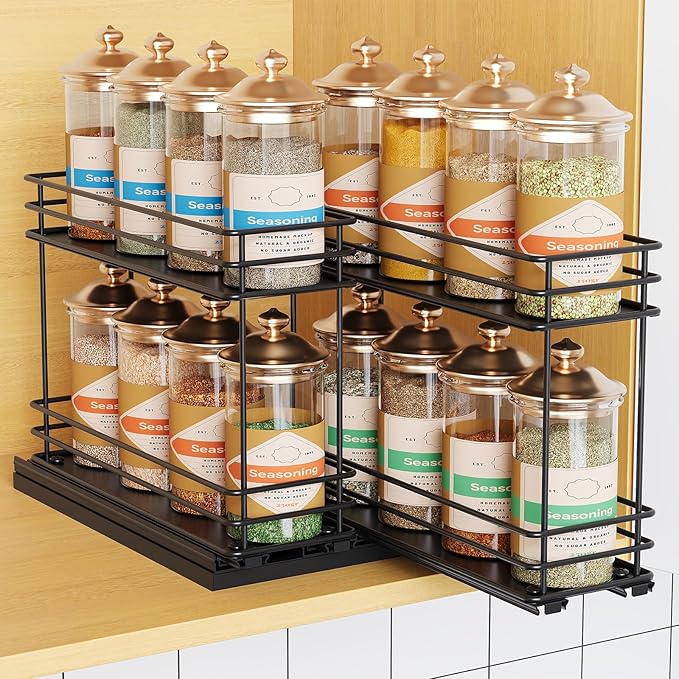 Pull Out Spice Rack Organizer for Cabinet, Slide Out Spice Racks, Easy to Install, 7.08" Wx10.43 Dx8.26 H, 2 Drawers 2 Tiers(Black)