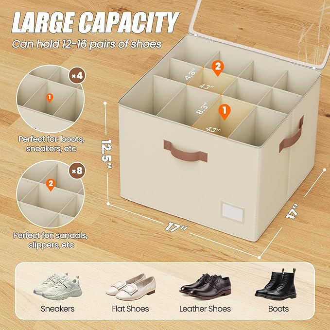 PHINOX Shoe Organizer for Closet, 2 Pack Fabric Shoe Organizer Storage Box, Shoe Storage Containers with Clear Cover, Closet Shoe Storage for Boots Sandals Slippers,Fits 16-32 Pairs, Beige