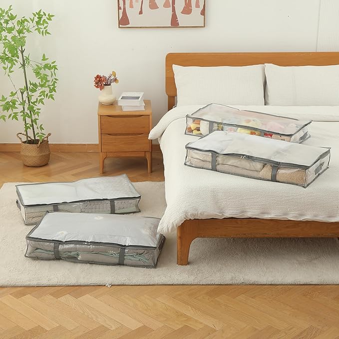 6 Pack Under Bed Storage Containers, Waterproof Material Plastic Underbed Storage Bins, Blanket/Clothes Storage Bags with Lid, Bedding Comforter/Sheet/Closet Organizer and Storage