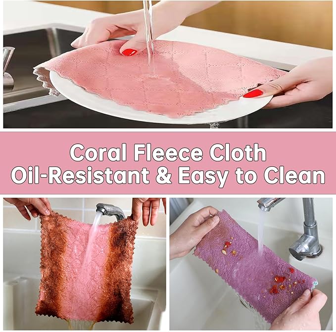 12 Pack Kitchen Cloth, Dish Towels, Microfiber Cleaning Cloths, Premium Coral Fleece Nonstick Oil Washable Fast Drying Cloths for Kitchen, Bathroom, Car and Household Cleaning Supplies, 10"×10"